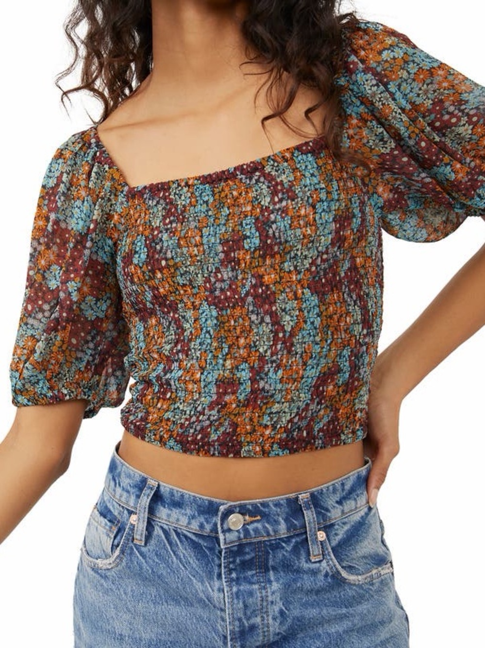 Free People Smocked Floral Crop Top Boho Cottagecore Puff Sleeve Blouse Size L